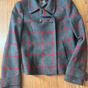 Tommy Hilfiger Charcoal and Crimson Plaid Pea Coat